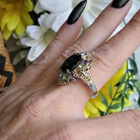 Elite Shungite, Topaz, Amethyst & Peridot Cluster Ring - Picture 5 of 7